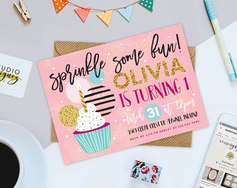 Sprinkle Some Fun! Birthday Party Printable Invitation, Cupcake Printable 7" x 5" Birthday Party Invitation, Cupcake Theme Invitation