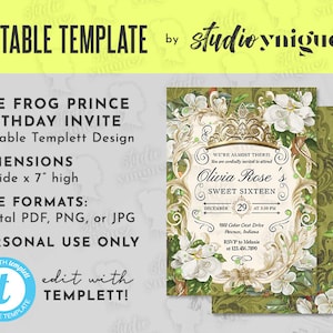 Frog Prince Magnolia Printable 5" x 7" Editable Template Birthday Invitation, Magnolia Editable Templett Invitation, Digital File Only