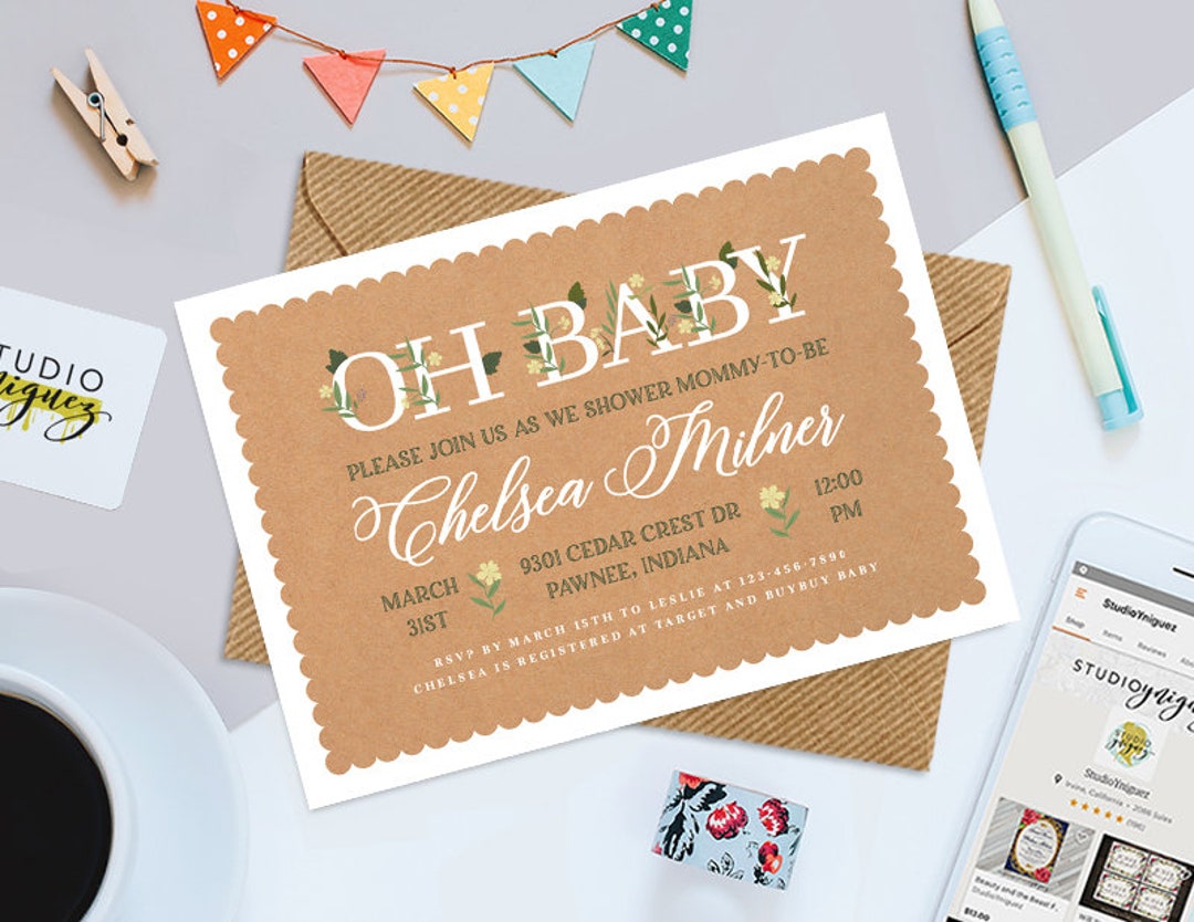 Oh baby printable 7 x 5 invitation floral etsy