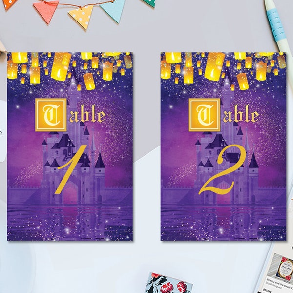 Cumpleaños de cuento de hadas de princesa de oro púrpura imprimible 5" x 7" y 4" x 6" números de mesa, números de mesa imprimibles, descarga instantánea, solo PDF