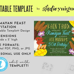 Kamayan Feast Birthday Party Editable Invitation, Filipino Fiesta Editable Templett 7&quot; x 5&quot; Invite, Filipino Editable Template Invitation