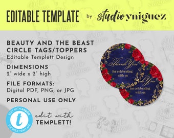 Beauty and the Beast Gold Frame And Roses Fairy Tale Printable 2 x 2" Editable Template Circle Favor Tag, Templett Favor Tag, Printable File