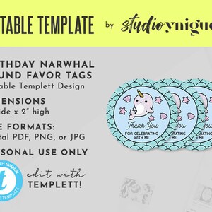 Printable Birthday Narwhal2&quot; Round Editable Favor Tag, Narwhal Editable Favor Tag, Under the Sea Editable Templett Favor Tag, Digital File