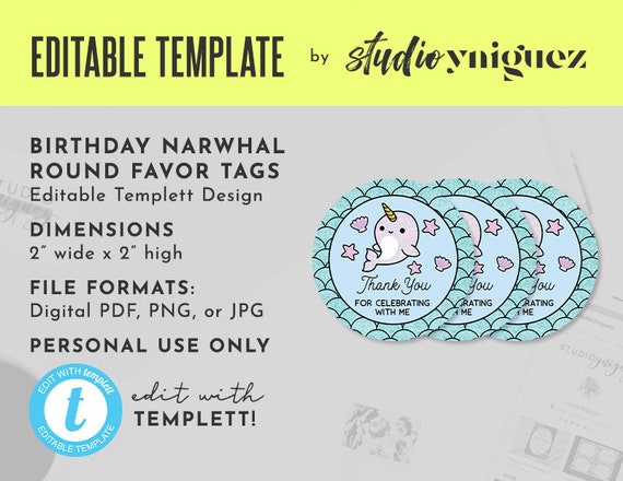 Printable Birthday Narwhal2 Round Editable Favor Tag | Etsy