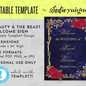 A Bela e a Fera Moldura Dourada e Rosas Conto de Fadas para Impressão Modelo Editável de 18" x 24" Placa de Evento, Placa de Presente, Placa de Casamento, Arquivo Digital