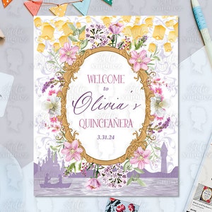 Purple Pink Floral Princess Printable Welcome Sign, Princess Birthday Printable 24&quot; x 30&quot; Welcome Sign, Rapunzel Sign, Digital File Only