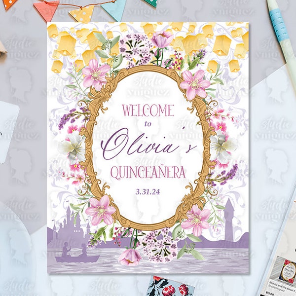 Purple Pink Floral Princess Printable Welcome Sign, Princess Birthday Printable 24" x 30" Welcome Sign, Rapunzel Sign, Digital File Only