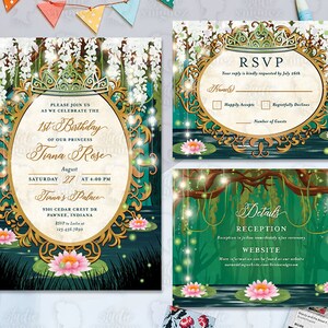 La invitación digital imprimible del cumpleaños del príncipe rana, invitación personalizada de la princesa rana con detalles y tarjeta RSVP, solo archivos digitales