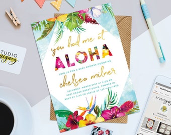 Tropical Watercolor Baby Shower Printable 5" x 7" Invitation, Tropical Floral Baby Shower Invite, Aloha! Hawaiian Luau Baby Shower Invite