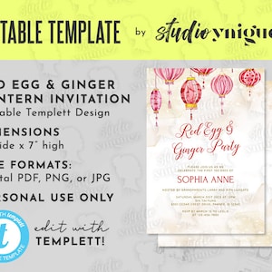 Red Egg Editable 5" x 7" Invitation, Red Egg and Ginger Templett Invitation, Chinese Lantern Invitation, Editable, Digital File