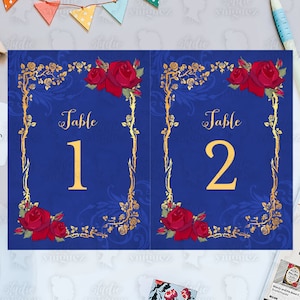 La Bella e la Bestia Fiaba Compleanno Stampabile 5" x 7" e 4" x 6" Numeri da tavolo, Numeri da tavolo stampabili, Blu reale, Solo PDF