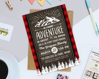 Lumberjack Baby Shower Printable 5" x 7" Invitation, Camping Adventure Baby Shower Invite, Buffalo Plaid Baby Shower Invite