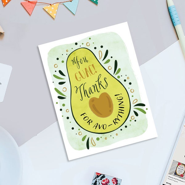 Holy Guacamole Thank You Card, Avocado Printable Thank You Card, Thanks for Avo-rything Card, Digital File Only, Instant Download