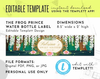 The Frog Prince 8.5" x 2" Editable Water Bottle Labels, Editable Water Bottle Label, Frog Prince Editable Templett Label, Digital File Only