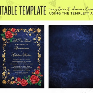 La Bella y la Bestia marco dorado y rosas cuento de hadas imprimible 5 "x 7" plantilla editable invitación de cumpleaños, invitación Templett, imprimible