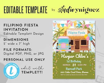 Filipino Party Birthday Party Editable Invitation, Filipino Fiesta Editable Templett 5" x 7" Invite, Filipino Editable Template Invitation