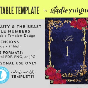 Numeri da tavolo modificabili stampabili con cornice dorata e rose de "La bella e la bestia", numeri da tavolo Templett, solo PDF o JPG