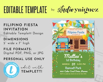 Filipino Party Birthday Party Editable Invitation, Filipino Fiesta Editable Templett 5" x 7" Invite, Filipino Editable Template Invitation