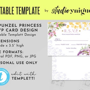 Rapunzel Birthday Editable RSVP, Sweet Sixteen Editable Templett 5&quot; x 3.5&quot; RSVP, Purple and Pink Floral Editable RSVP, Templett File