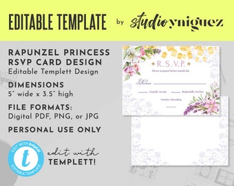 Rapunzel Birthday Editable RSVP, Sweet Sixteen Editable Templett 5" x 3.5" RSVP, Purple and Pink Floral Editable RSVP, Templett File