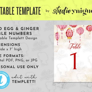 Red Egg Editable 5" x 7" Table Numbers, Red Egg and Ginger Templett Table Numbers, Chinese Lantern Table Numbers, Editable, Digital File