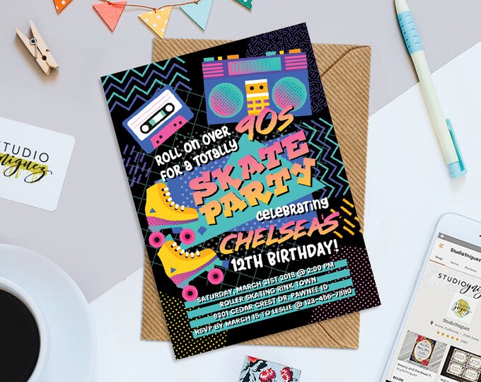 90s Theme Birthday Party Printable Invitation Skate Party - Etsy