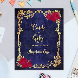 La Bella y la Bestia Marco Dorado Y Rosas Cuento de Hadas Imprimible 8" x 10" Tarjetas y Signo de Regalos, Tarjetas Personalizadas y Signo de Regalos, PDF Digital