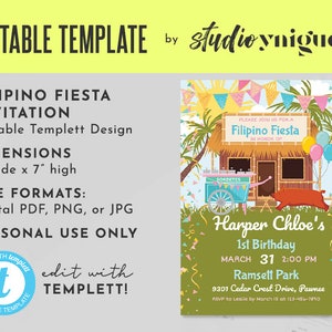 Filipino Party Birthday Party Editable Invitation, Filipino Fiesta Editable Templett 5&quot; x 7&quot; Invite, Filipino Editable Template Invitation
