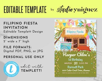 Filipino Party Birthday Party Editable Invitation, Filipino Fiesta Editable Templett 5" x 7" Invite, Filipino Editable Template Invitation