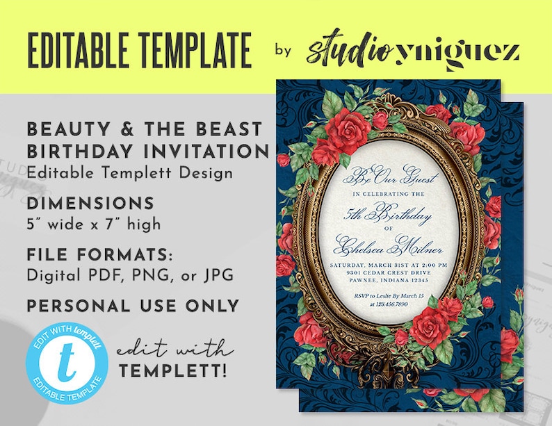 Beauty and the Beast Enchanted Mirror and Red Rose Fairy Tale Printable 5 x 7 Editable Template Birthday Invitation Templett