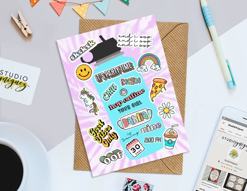 Teenage Water Bottle Printable 5 x 7 Birthday Invitation, Sticker Birthday Invitation, Thermos Birthday Invitation, Digital Invitation image 1