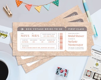 Airline Bridal Shower Printable 8.5" x 3.5" Ticket Invitation, Airline Ticket Printable Invite, Bon Voyage Bridal Shower Ticket Invite