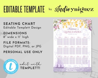 Purple Floral Princess Fairy Tale Printable 8" x 11" Editable Seating Chart, Editable Seating Chart, Rapunzel Seating Chart, Digital File