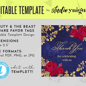 La Bella y la Bestia Marco de oro y rosas Cuento de hadas imprimible 2.5" x 2.5" Plantilla editable Etiqueta de favor, etiqueta de favor Templett, archivo imprimible