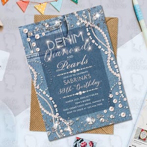 Denim Diamonds & Pearls Printable 5&quot; x 7&quot; Invitation, Printable Denim Birthday Invitation, Digital Denim Party Invitation, Digital File Only