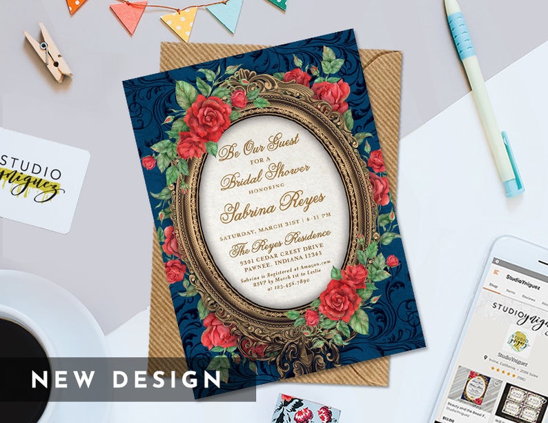 Beauty and the Beast Fairy Tale Bridal Shower Printable 5 x 7 Invitation Enchanted Mirror and Red Rose Bridal Shower
