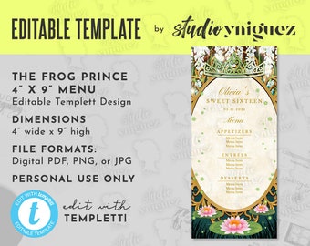 The Frog Prince Editable Menu, Frog Prince Menu, Gold Frame Fairy Tale Printable 4" x 9" Editable Templett Menu, Templett Menu, Digital File