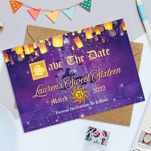 Purple Gold Princess Birthday Printable Save the Date, Princess Birthday 6" x 4" Save the Date, Rapunzel Save the Date, Digital File Only