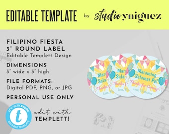 Filipino Fiesta Printable 3" x 3" Editable Round Label, Templett Round Label, 3" Round Favor Tag, Printable Favor Tag Round Label Template