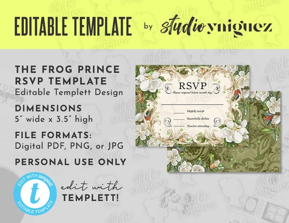 Frog Prince Magnolia Printable 5" x 3.5" Editable RSVP Template, Frog Prince Editable Templett RSVP, Editable RSVP, Digital File Only