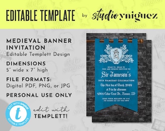 Medieval Knight Banner Editable 5" x 7" Editable Template Invitation, Birthday Invitation Template, Medieval Birthday Invite, Digital File