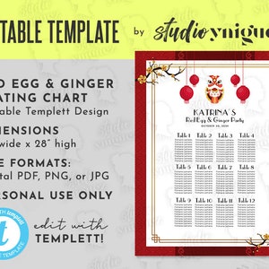 Red Egg bewerkbare 22" x 28" zitplaatsen grafiek, Red Egg en Ginger Templett zitplaatsen grafiek, Chinees Nieuwjaar partij zitplaatsen grafiek, digitaal bestand