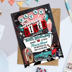Retro Diner Birthday Party Digital Invitation, Retro Sock Hop Printable 5&quot; x 7&quot; Birthday Party Invitation, Diner Invitation, Digital File