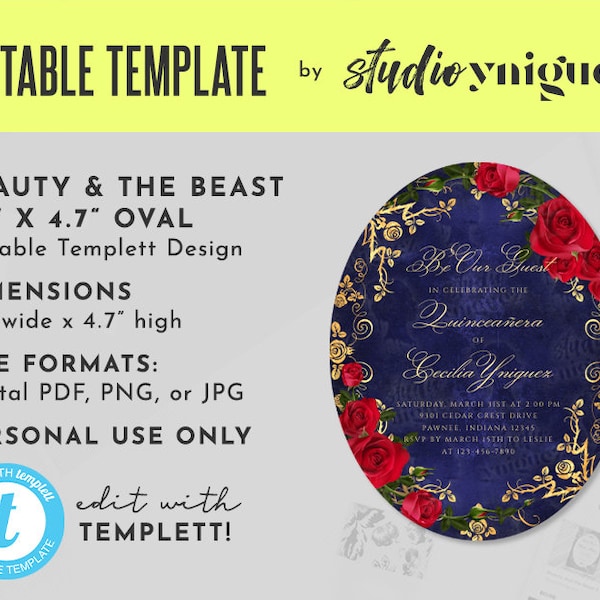 Beauty and the Beast Oval Gold Frame And Roses Fairy Tale Printable 3.7" x 4.7" Editable Template Invitation, Oval Templett Invitation