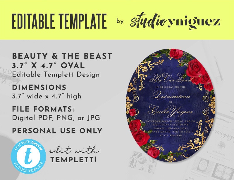 Beauty and the Beast Oval Gold Frame And Roses Fairy Tale Printable 37 x 47 Editable Template Invitation Oval Templett