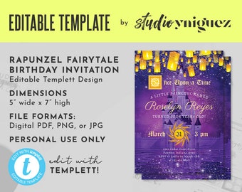 Rapunzel Purple and Gold Fairy Tale Printable 5" x 7" Editable Invitation, Editable 5" x 7" Invitation, Templett, Digital JPG PDF File