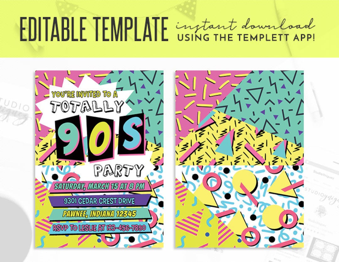 90s Theme Birthday Party Editable Invitation, 90s Party Editable