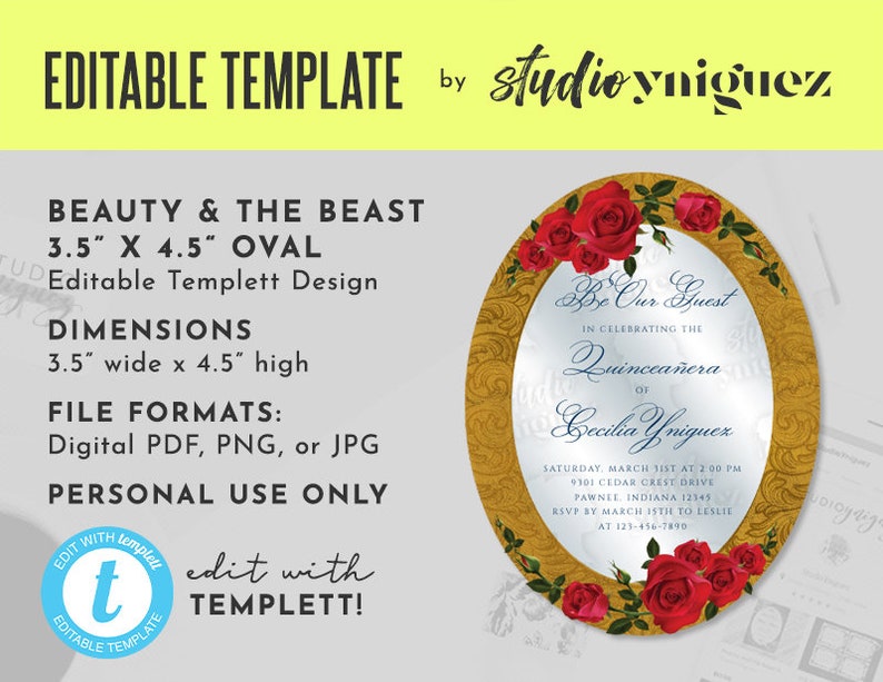 Beauty and the Beast Oval Gold Frame And Roses Fairy Tale Printable 35 x 45 Editable Template Invitation Oval Templett