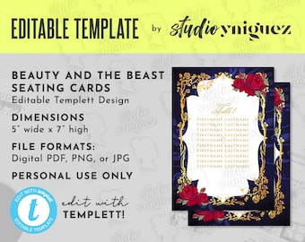 Beauty and the Beast Gold Frame And Roses Fairy Tale Printable 5x7 Editable Seating Cards, Editable Seating Cards, Digital File, Templett