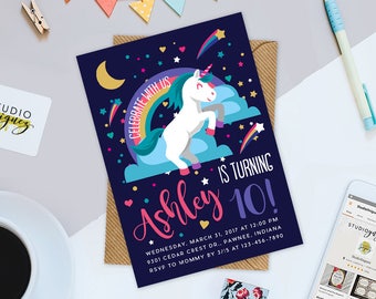 Unicorn Printable 5" x 7" Birthday Invitation, Unicorn Birthday Invitation, Purple and Pink Unicorn Invitation, Unicorn Rainbow Invitation